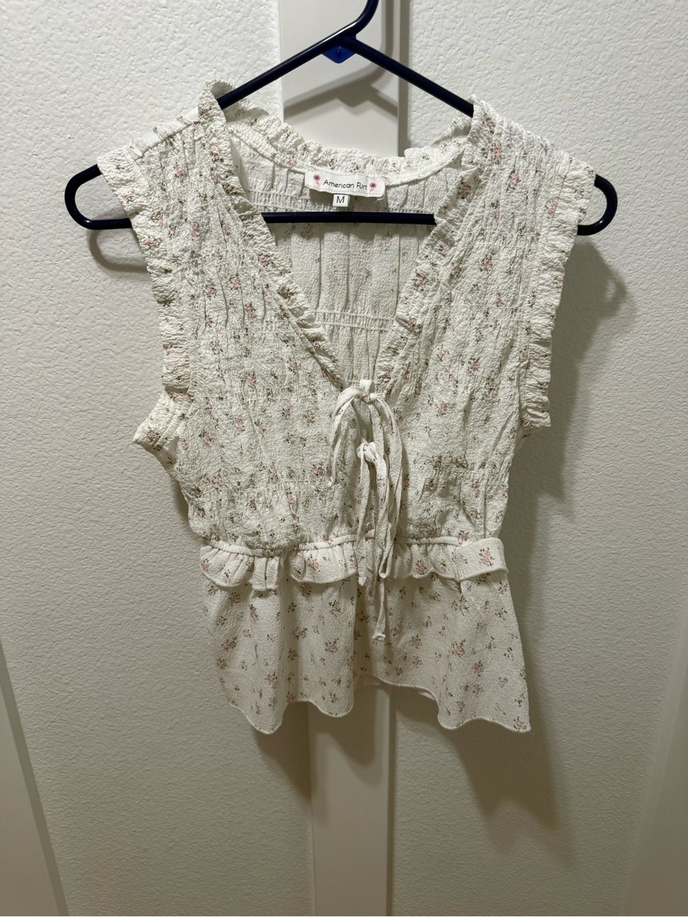 American Rag Cream Floral Tie-Front Smocked Tank Top medium bows